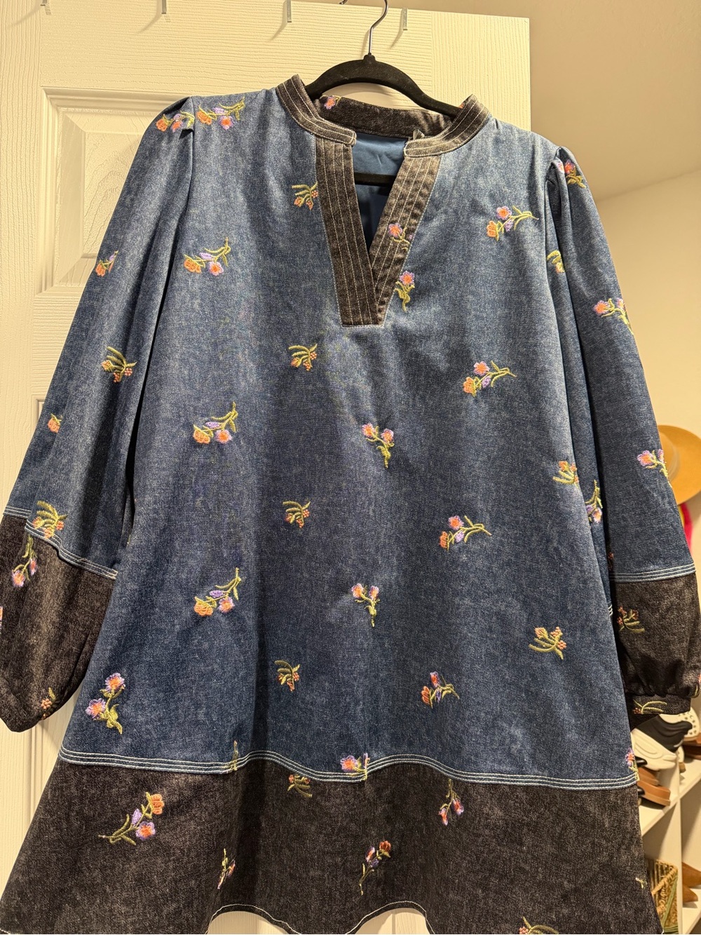 Denim Floral Embroidered Mini Dress - Blue